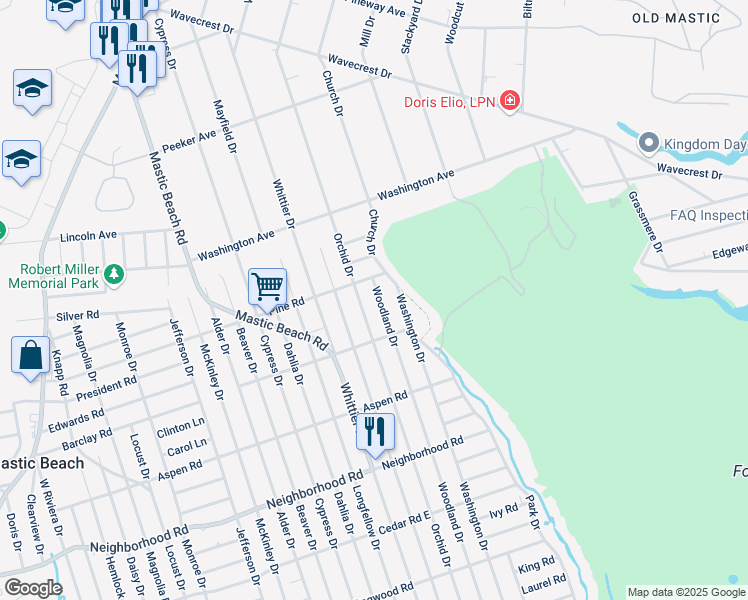 map of restaurants, bars, coffee shops, grocery stores, and more near 183 Woodland Drive in Mastic Beach