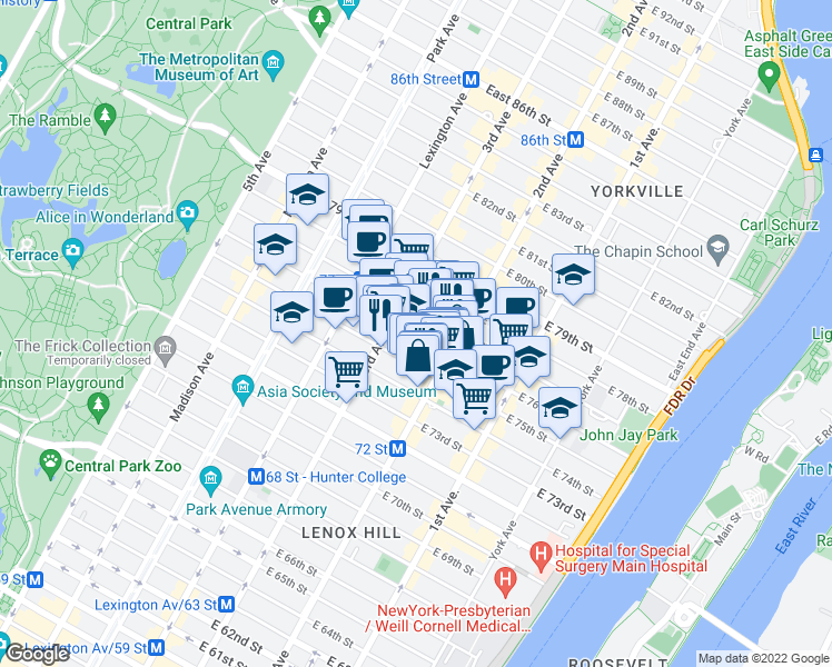 map of restaurants, bars, coffee shops, grocery stores, and more near in New York