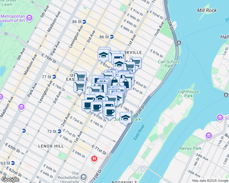 map of restaurants, bars, coffee shops, grocery stores, and more near 425 East 79th Street in New York