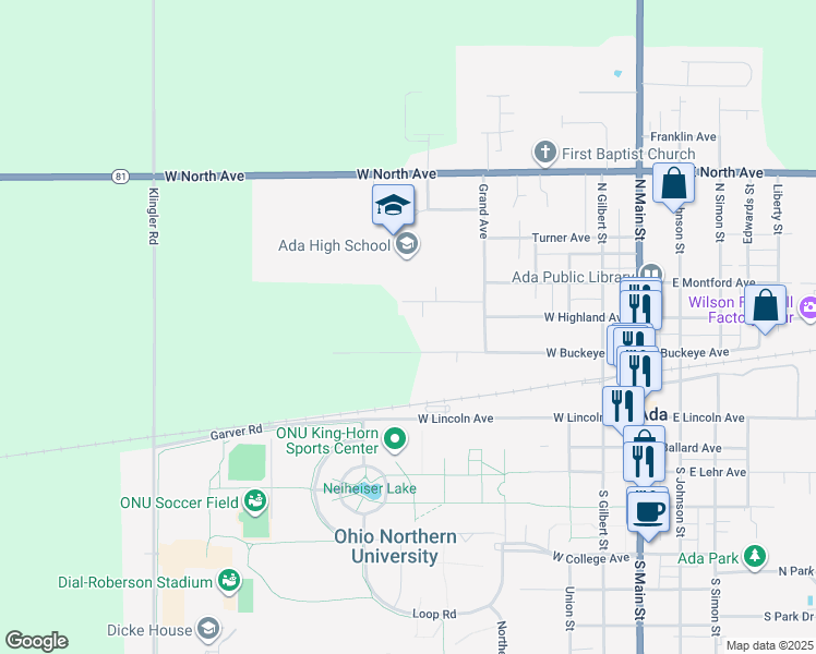 map of restaurants, bars, coffee shops, grocery stores, and more near 578 West Buckeye Avenue in Ada