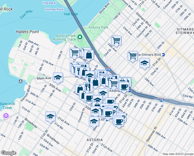 map of restaurants, bars, coffee shops, grocery stores, and more near in Queens