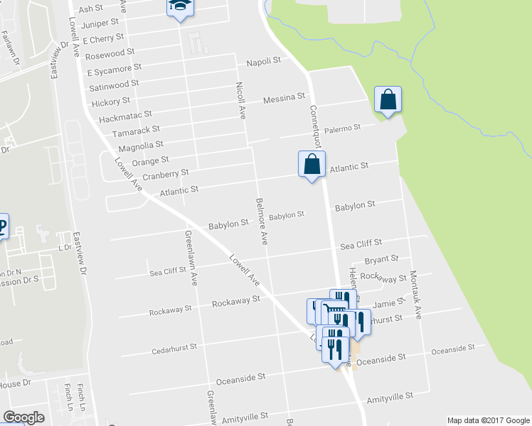 map of restaurants, bars, coffee shops, grocery stores, and more near 211 Babylon Street in Islip Terrace