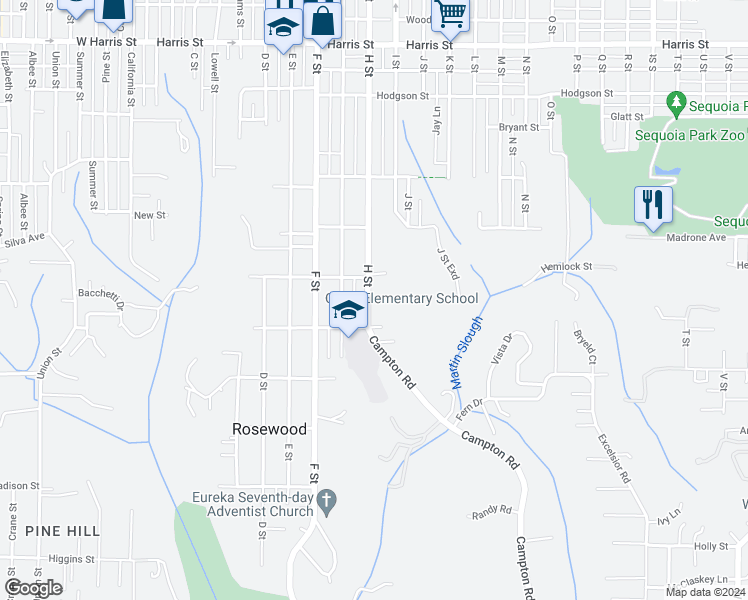 map of restaurants, bars, coffee shops, grocery stores, and more near 3837 H Street in Eureka