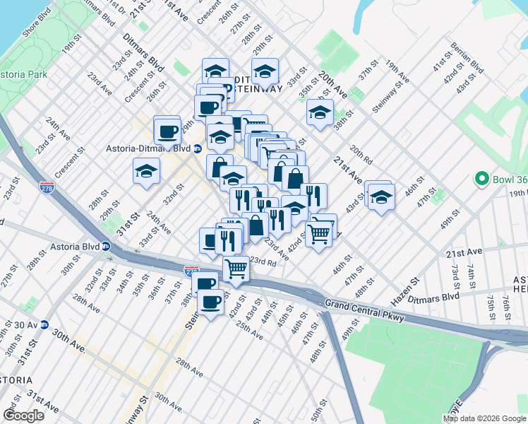 map of restaurants, bars, coffee shops, grocery stores, and more near 22-55 38th Street in Queens
