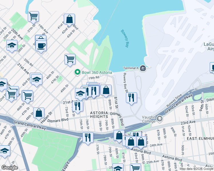 map of restaurants, bars, coffee shops, grocery stores, and more near 19-39 80th Street in Queens