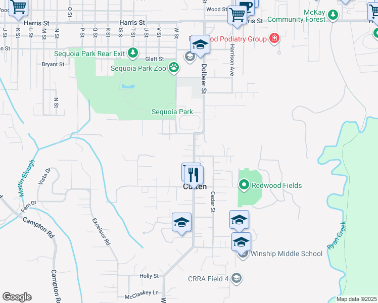 map of restaurants, bars, coffee shops, grocery stores, and more near 3878 Walnut Drive in Eureka