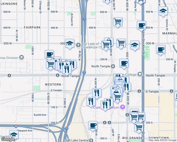 map of restaurants, bars, coffee shops, grocery stores, and more near 644 West North Temple Street in Salt Lake City