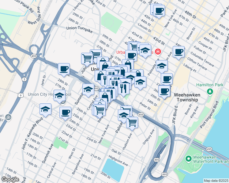 map of restaurants, bars, coffee shops, grocery stores, and more near 3100 Bergenline Avenue in Union City
