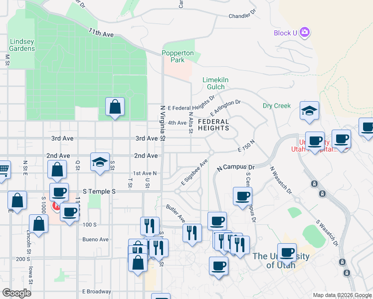 map of restaurants, bars, coffee shops, grocery stores, and more near 78 Laurel Street in Salt Lake City