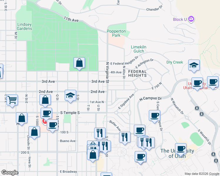 map of restaurants, bars, coffee shops, grocery stores, and more near 88 North Virginia Street in Salt Lake City