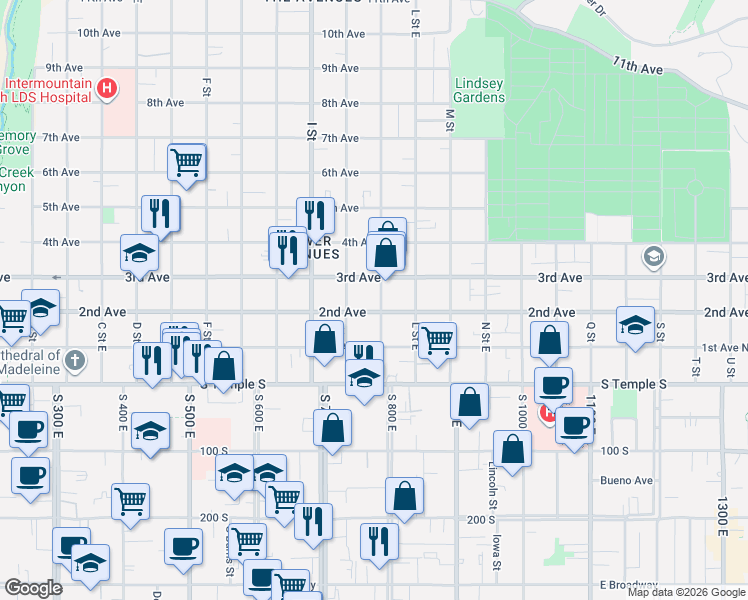 map of restaurants, bars, coffee shops, grocery stores, and more near 88 K Street East in Salt Lake City