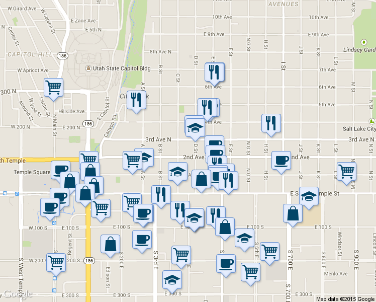 map of restaurants, bars, coffee shops, grocery stores, and more near in Salt Lake City