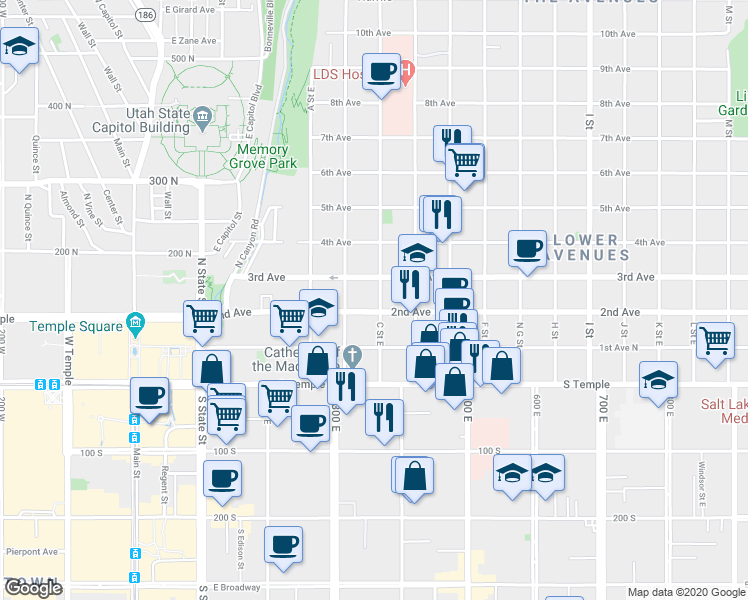 map of restaurants, bars, coffee shops, grocery stores, and more near 86 C Street East in Salt Lake City
