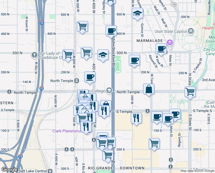 map of restaurants, bars, coffee shops, grocery stores, and more near 308 West North Temple Street in Salt Lake City