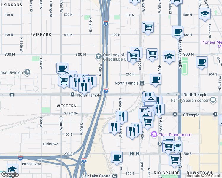map of restaurants, bars, coffee shops, grocery stores, and more near in Salt Lake City