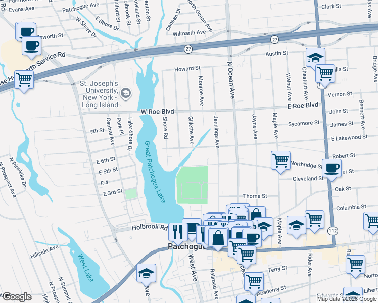 map of restaurants, bars, coffee shops, grocery stores, and more near 47 Cedar Grove Street in Patchogue