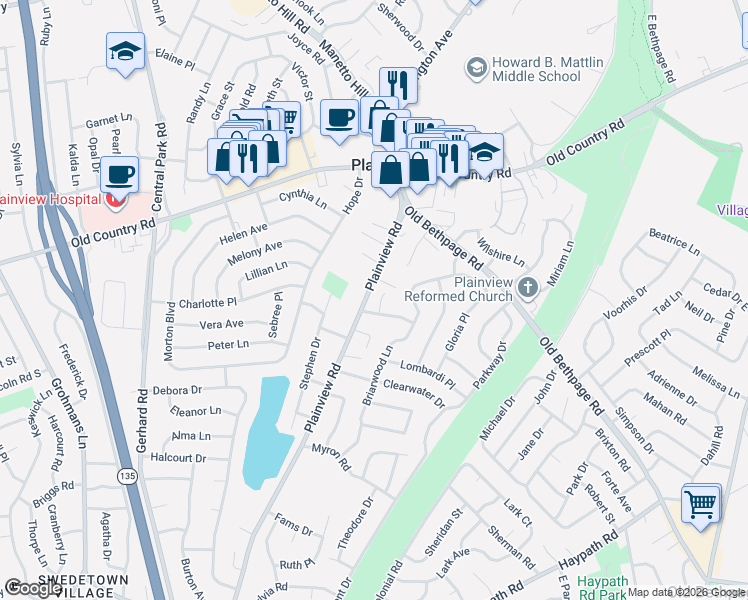 map of restaurants, bars, coffee shops, grocery stores, and more near 563A Plainview Road in Plainview