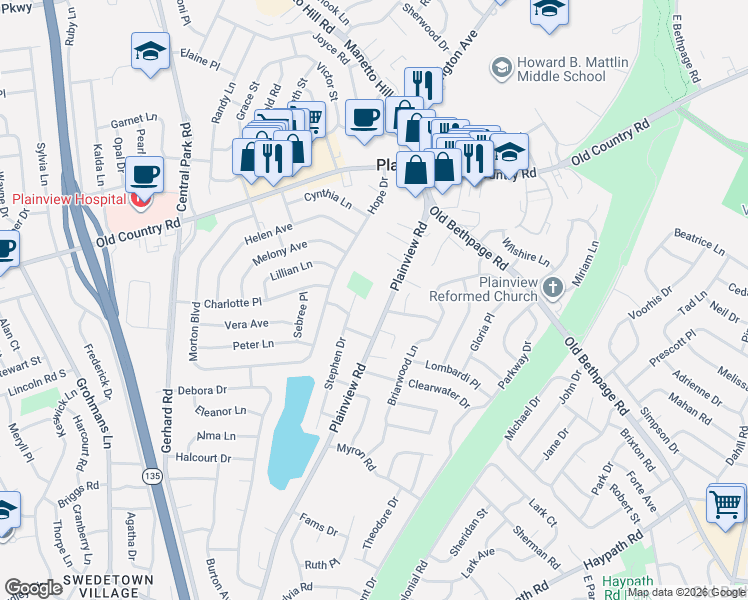 map of restaurants, bars, coffee shops, grocery stores, and more near 563A Plainview Road in Plainview