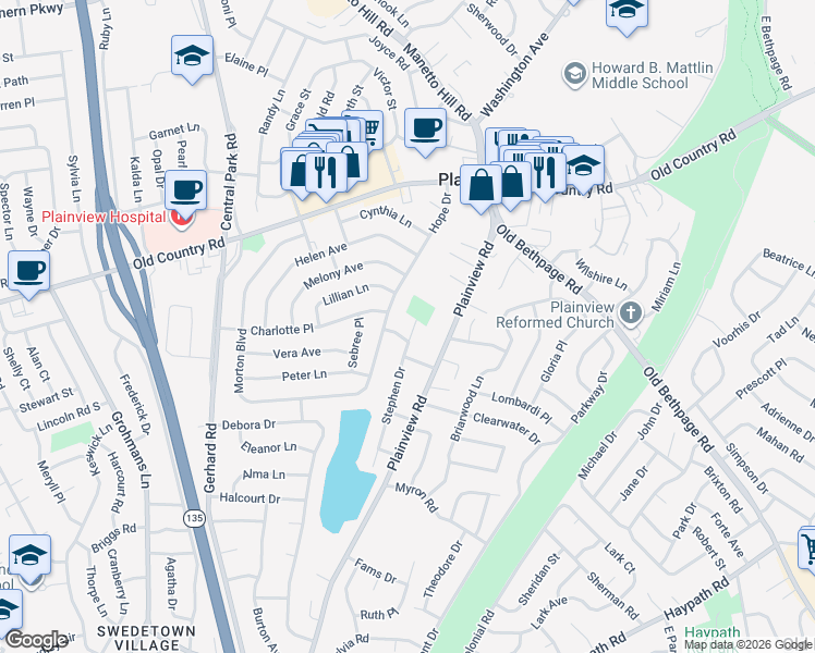 map of restaurants, bars, coffee shops, grocery stores, and more near 3 Scott Place in Plainview