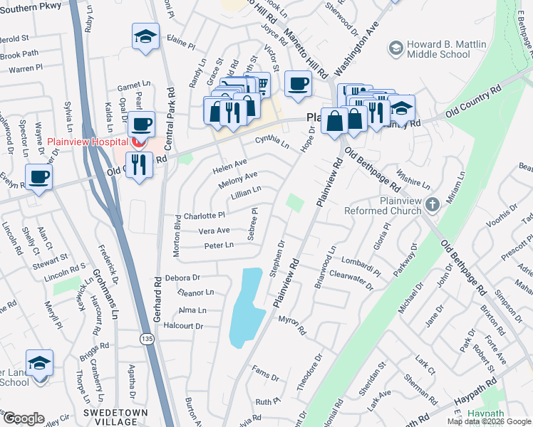 map of restaurants, bars, coffee shops, grocery stores, and more near 64 Hope Drive in Plainview