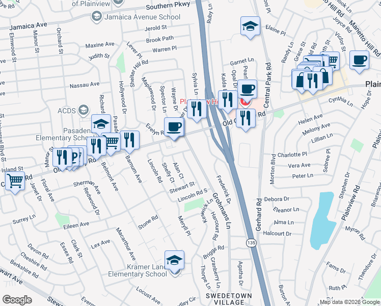 map of restaurants, bars, coffee shops, grocery stores, and more near 127 Lincoln Road in Plainview