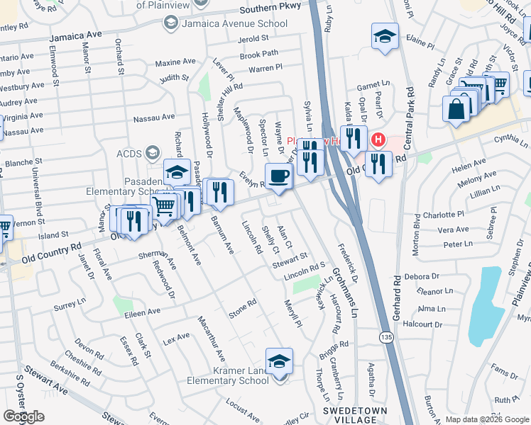 map of restaurants, bars, coffee shops, grocery stores, and more near 6 Alan Court in Plainview