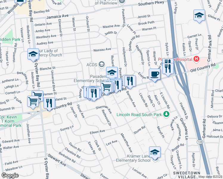 map of restaurants, bars, coffee shops, grocery stores, and more near 635 Old Country Road in Plainview