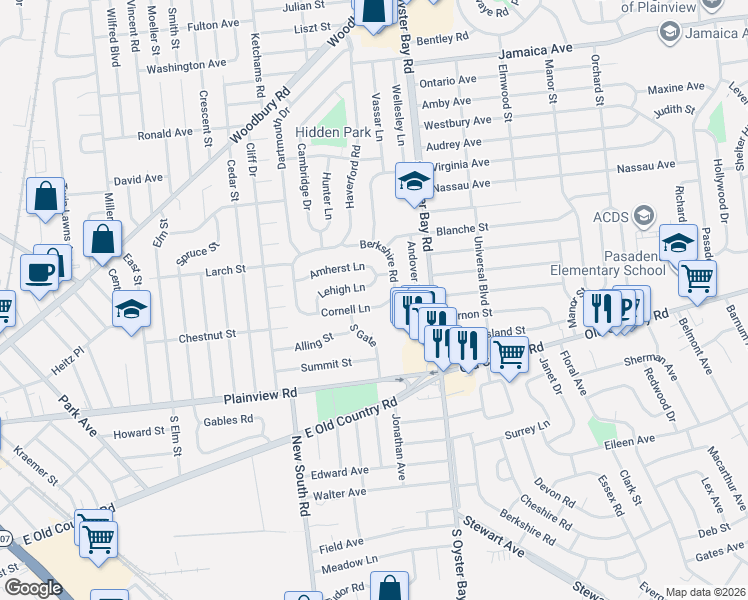 map of restaurants, bars, coffee shops, grocery stores, and more near 22 Cornell Lane in Hicksville