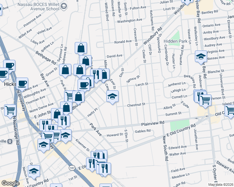 map of restaurants, bars, coffee shops, grocery stores, and more near 42 Elm Street in Hicksville