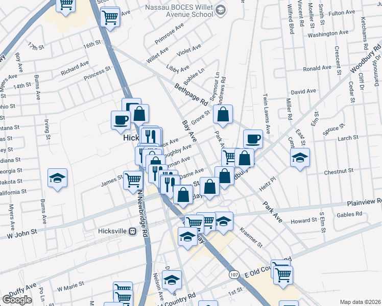 map of restaurants, bars, coffee shops, grocery stores, and more near 73 Thorman Avenue in Hicksville