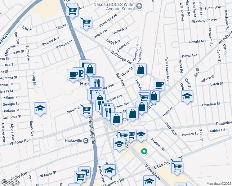 map of restaurants, bars, coffee shops, grocery stores, and more near 73 Thorman Avenue in Hicksville