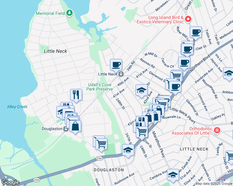 map of restaurants, bars, coffee shops, grocery stores, and more near 247-06 41st Avenue in Queens