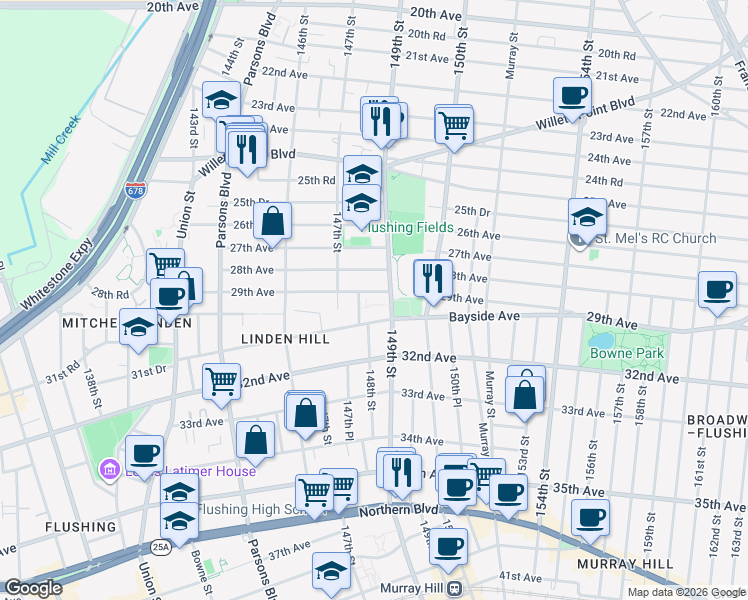 map of restaurants, bars, coffee shops, grocery stores, and more near 148-25 Bayside Avenue in Queens