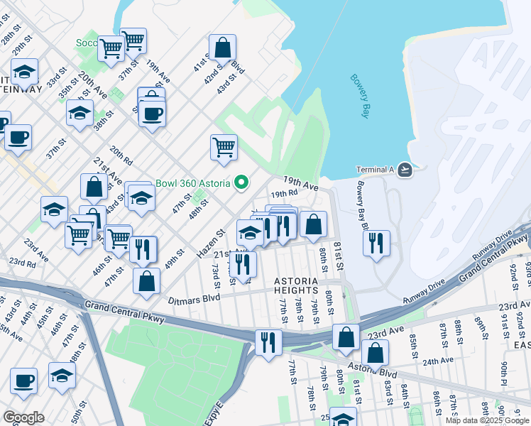 map of restaurants, bars, coffee shops, grocery stores, and more near 19-72 77th Street in Queens