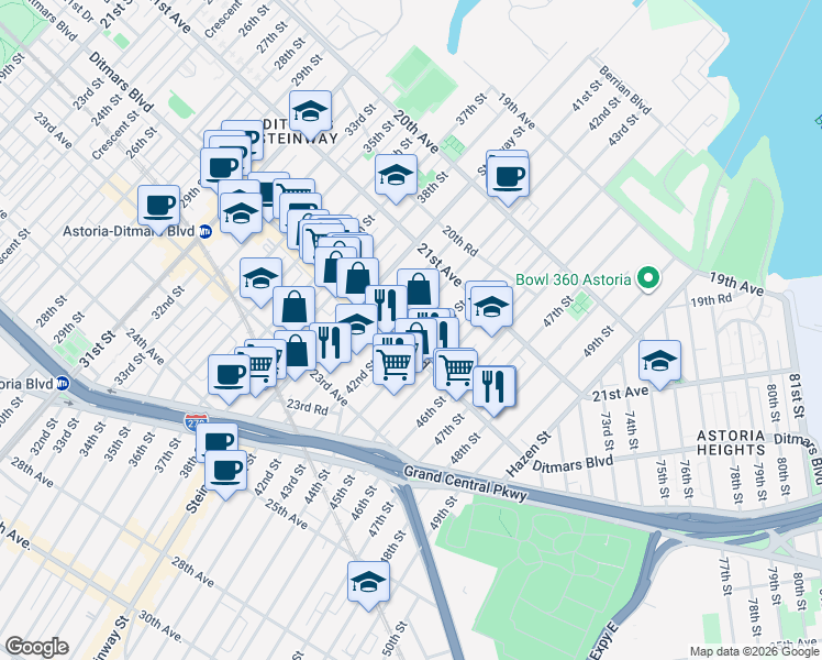 map of restaurants, bars, coffee shops, grocery stores, and more near in Queens