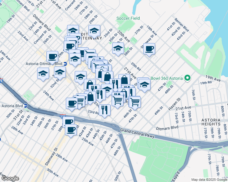 map of restaurants, bars, coffee shops, grocery stores, and more near 22-10 42nd Street in Queens