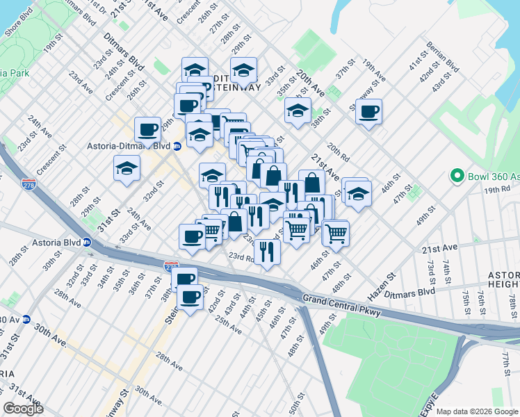 map of restaurants, bars, coffee shops, grocery stores, and more near 22-42 41st Street in Queens