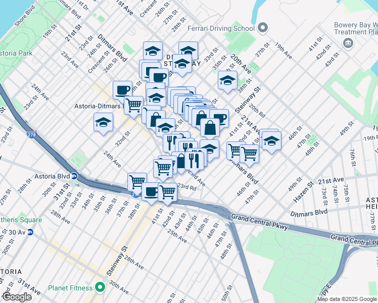 map of restaurants, bars, coffee shops, grocery stores, and more near 22-70 Steinway Street in Queens