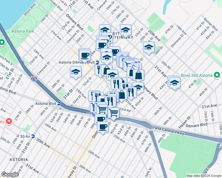 map of restaurants, bars, coffee shops, grocery stores, and more near 23-12 38th Street in Queens