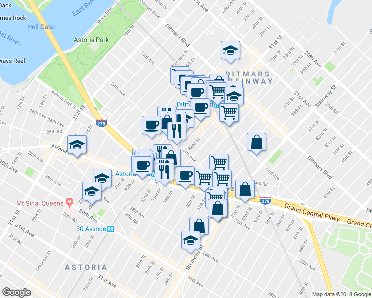 map of restaurants, bars, coffee shops, grocery stores, and more near 24-20 32nd Street in Queens