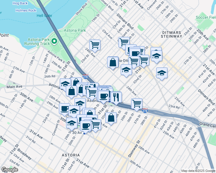 map of restaurants, bars, coffee shops, grocery stores, and more near 2428 Hoyt Avenue North in Queens