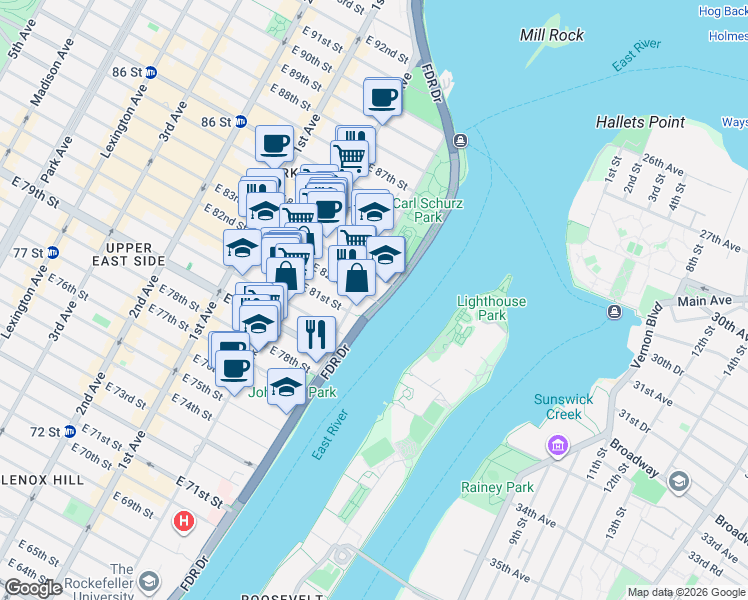 map of restaurants, bars, coffee shops, grocery stores, and more near 762 Gracie Terrace in New York