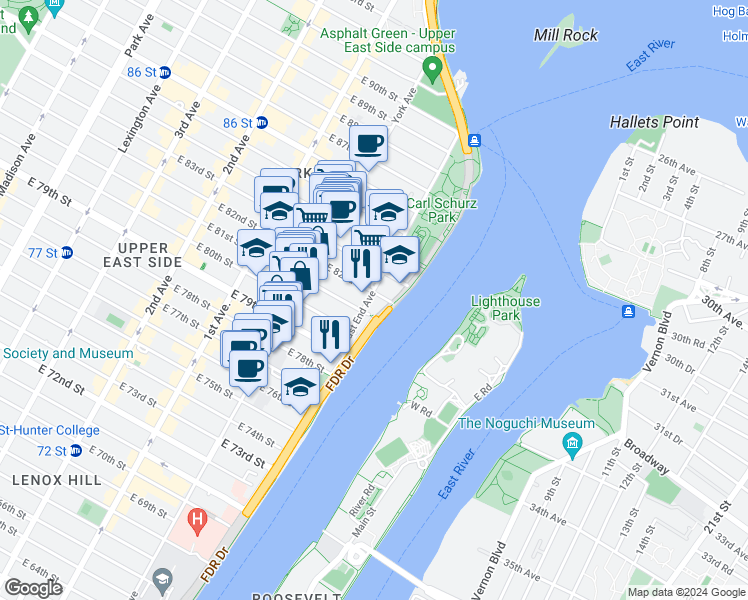 map of restaurants, bars, coffee shops, grocery stores, and more near 33 East End Avenue in New York