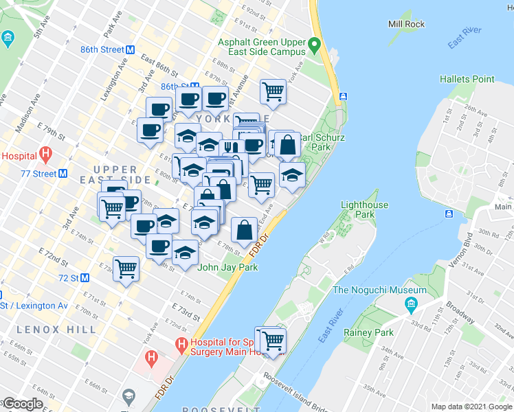 map of restaurants, bars, coffee shops, grocery stores, and more near in New York