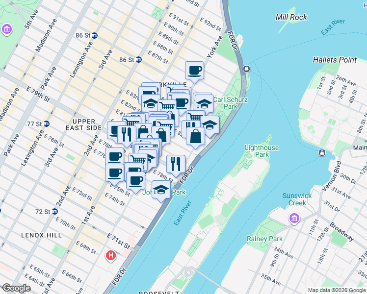 map of restaurants, bars, coffee shops, grocery stores, and more near 528 East 80th Street in New York