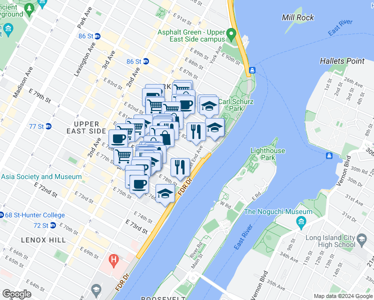 map of restaurants, bars, coffee shops, grocery stores, and more near 528 East 80th Street in New York