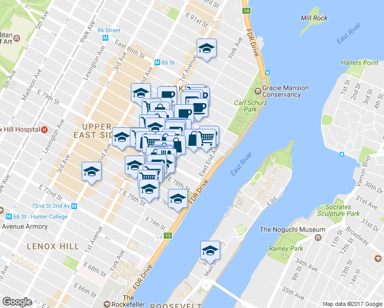 map of restaurants, bars, coffee shops, grocery stores, and more near 528 East 80th Street in New York