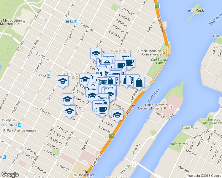 map of restaurants, bars, coffee shops, grocery stores, and more near 503 East 79th Street in New York