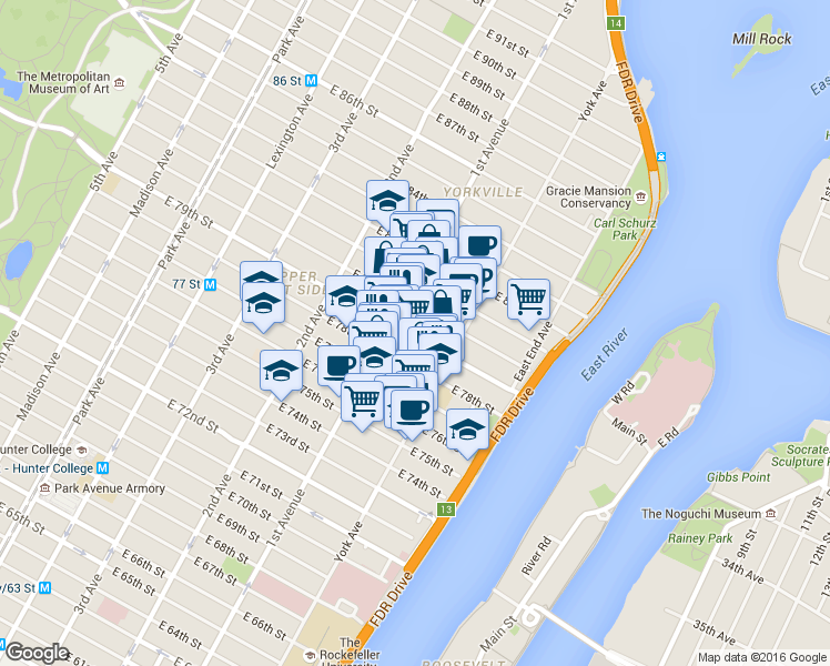 map of restaurants, bars, coffee shops, grocery stores, and more near 440 East 79th Street in New York