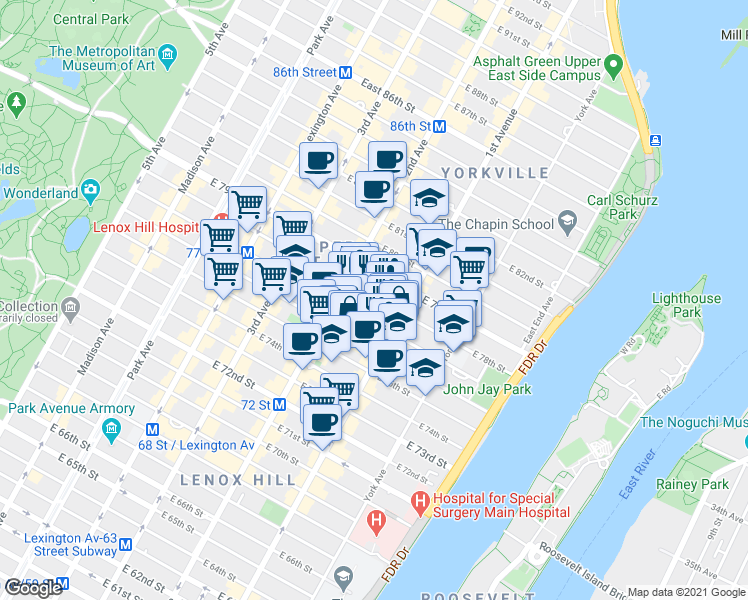 map of restaurants, bars, coffee shops, grocery stores, and more near 345 East 77th Street in New York